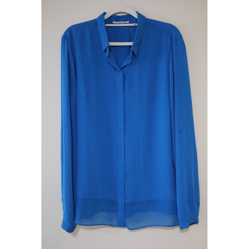 Officecore Professional T Tahari Blouse Large Blue Layered Hem Roll Tab Sleeve